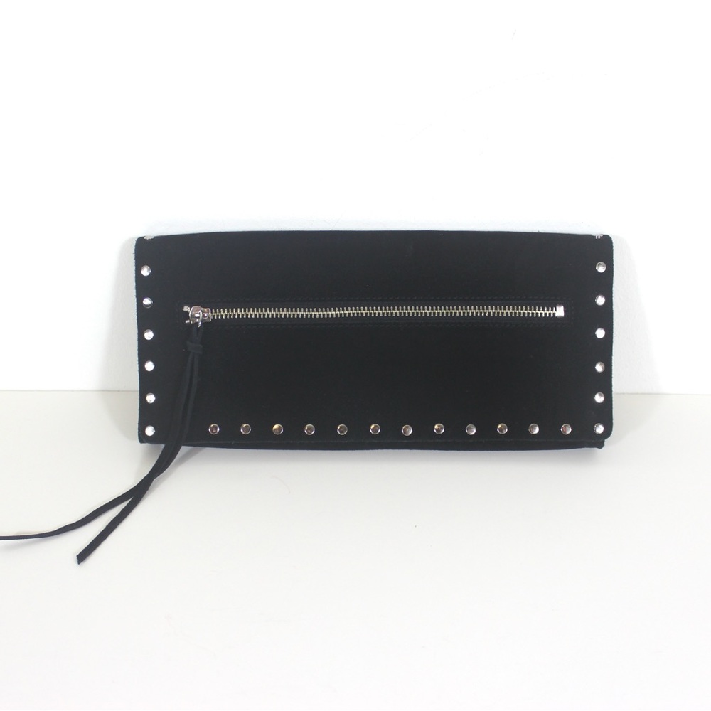 Vintage Studded Black Suede Leather Clutch Purse with Silver Studs Small Evening